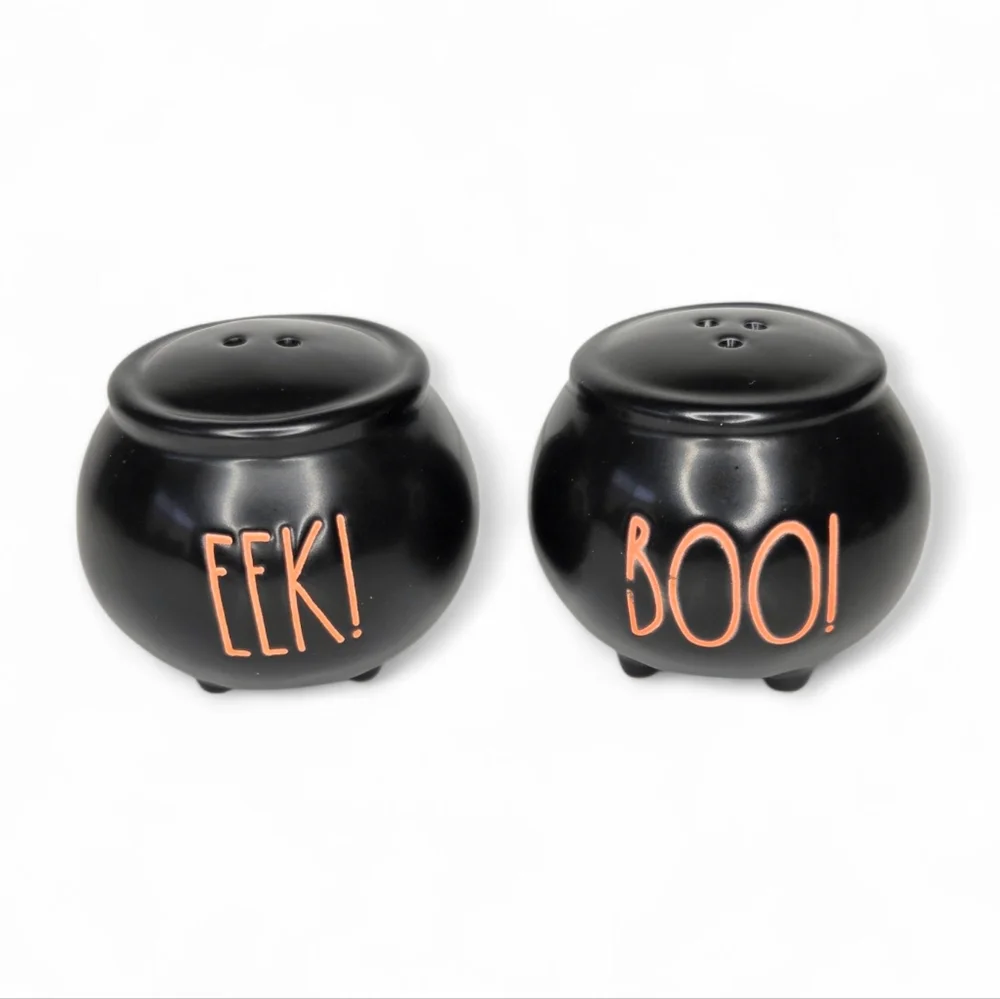 Rae Dunn Black‎ Halloween Cauldron Salt and Pepper Shakers BOO and EEK